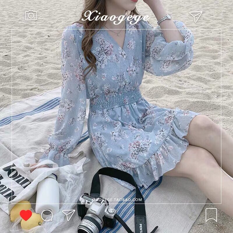 Váy hoa nhí vintage cổ V cúc bọc màu xanh bạc hà