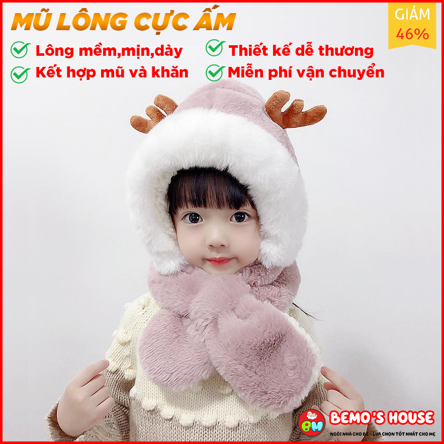 Mũ lông cho bé trai và bé gái quấn cổ cực ấm, lông mềm mịn siêu ấm,mũ mùa đông cho bé