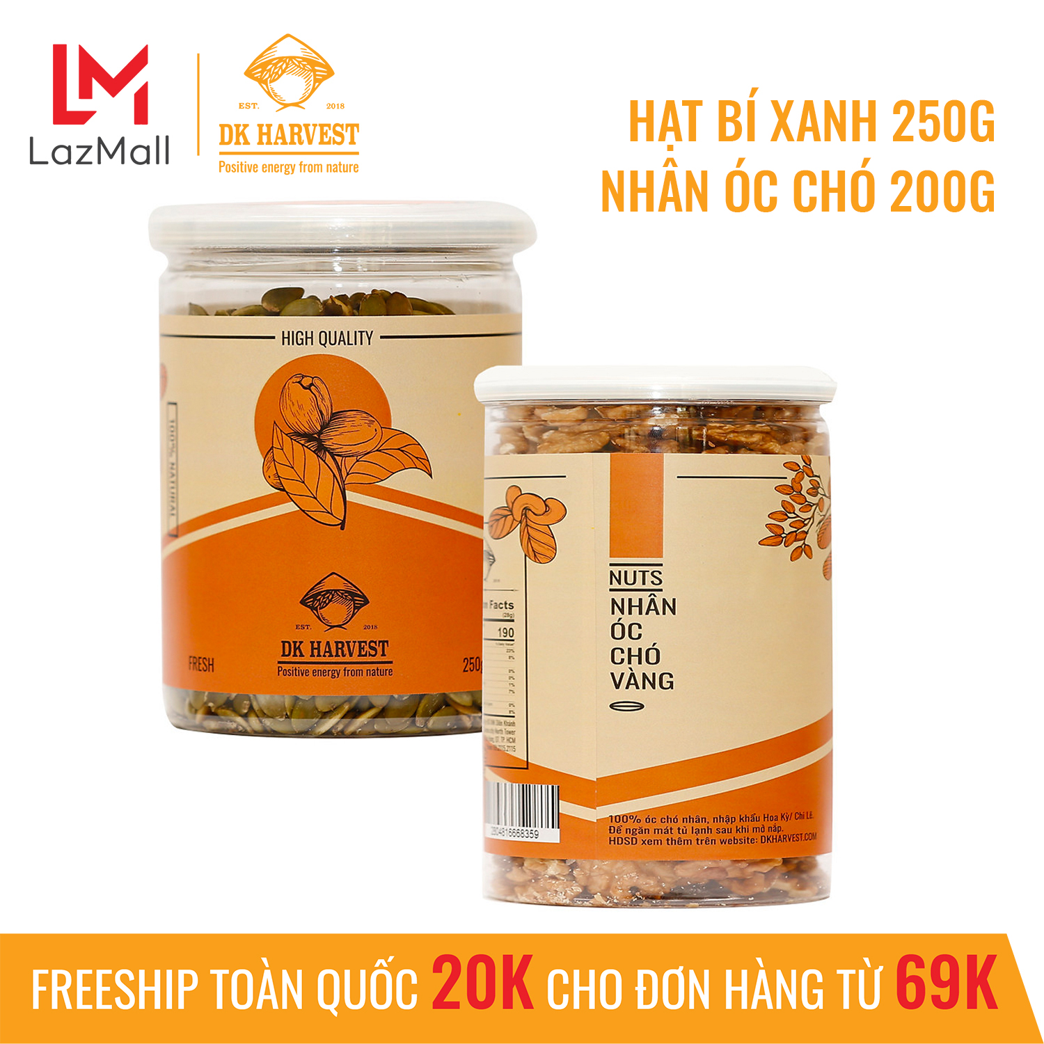 COMBO SIÊU TIẾT KIỆM - 1 Hũ Hạt Bí DK Harvest 250g + 1 Hũ Hạt Óc chó DK Harvest 200g