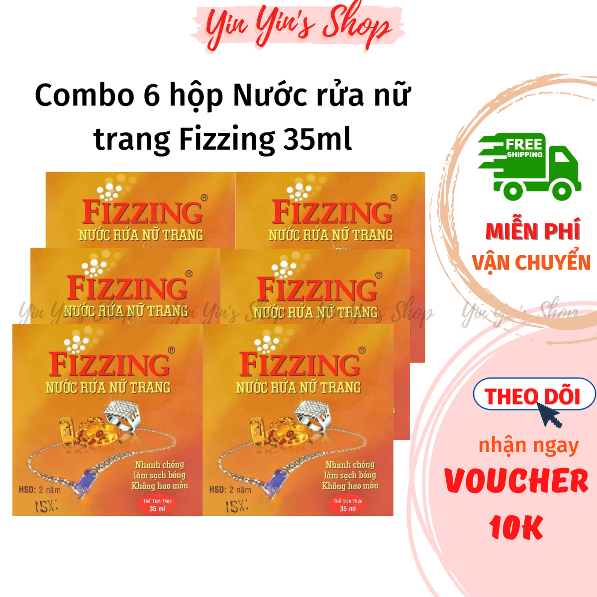 Combo 6 hộp nước rửa nữ trang, nước rửa trang sức vàng bạc fizzing dung tích 35ml, làm sạch và làm sáng vàng bạc, hoàn toàn không gây hao mòn