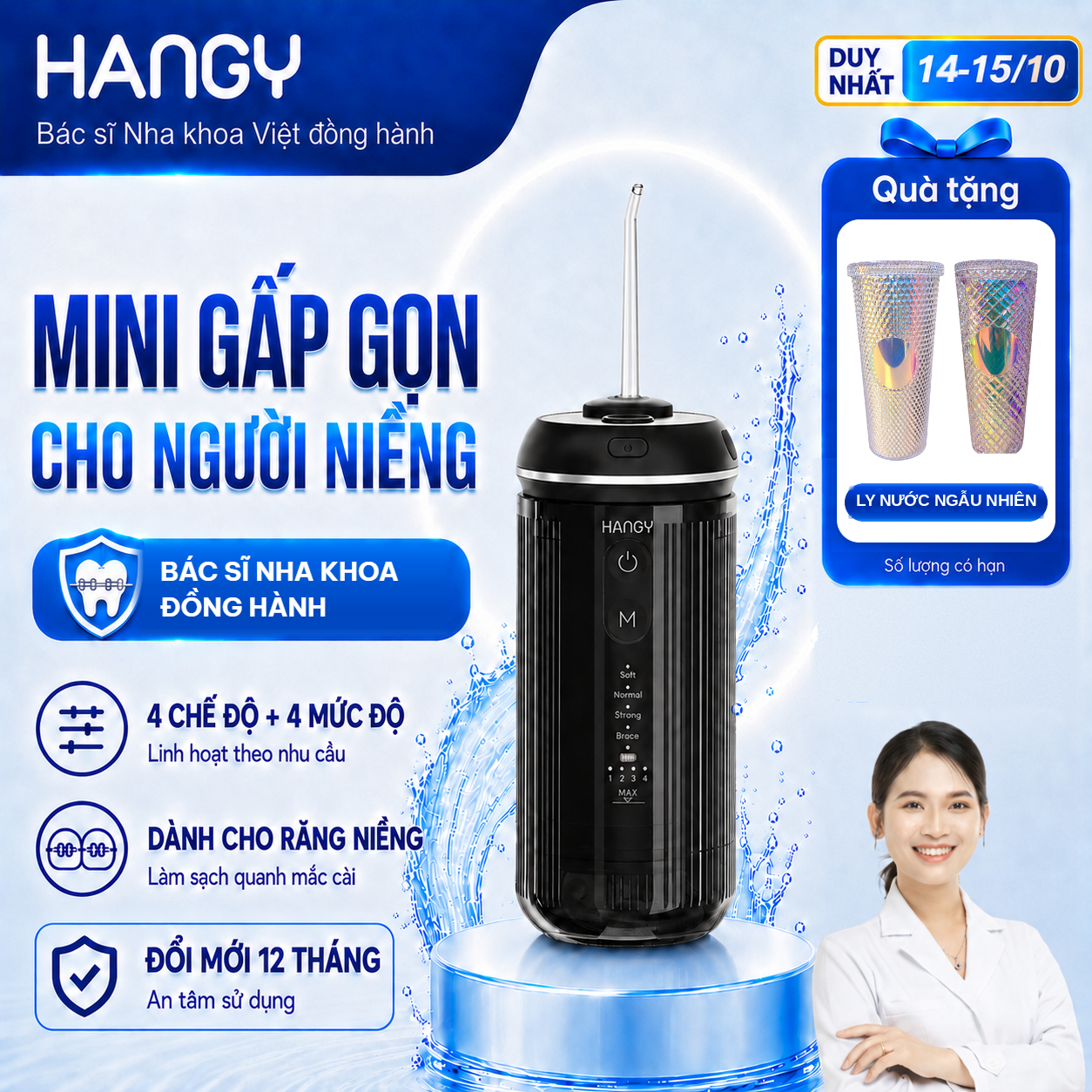 Hangy Hm06 Foldable Water Flosser, Optional with 2 or 5 Specialized Spray Heads, Pressure Range 30-120 Psi, 1000Mah Battery, Ipx7