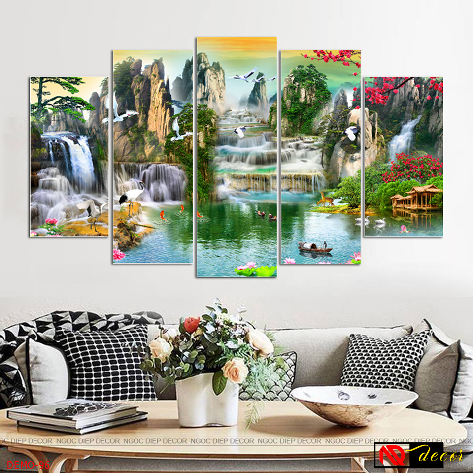 Tranh dán tường phòng khách Sơn Thủy hữu tình ST03, tranh phong thủy in sắc nét rực rỡ