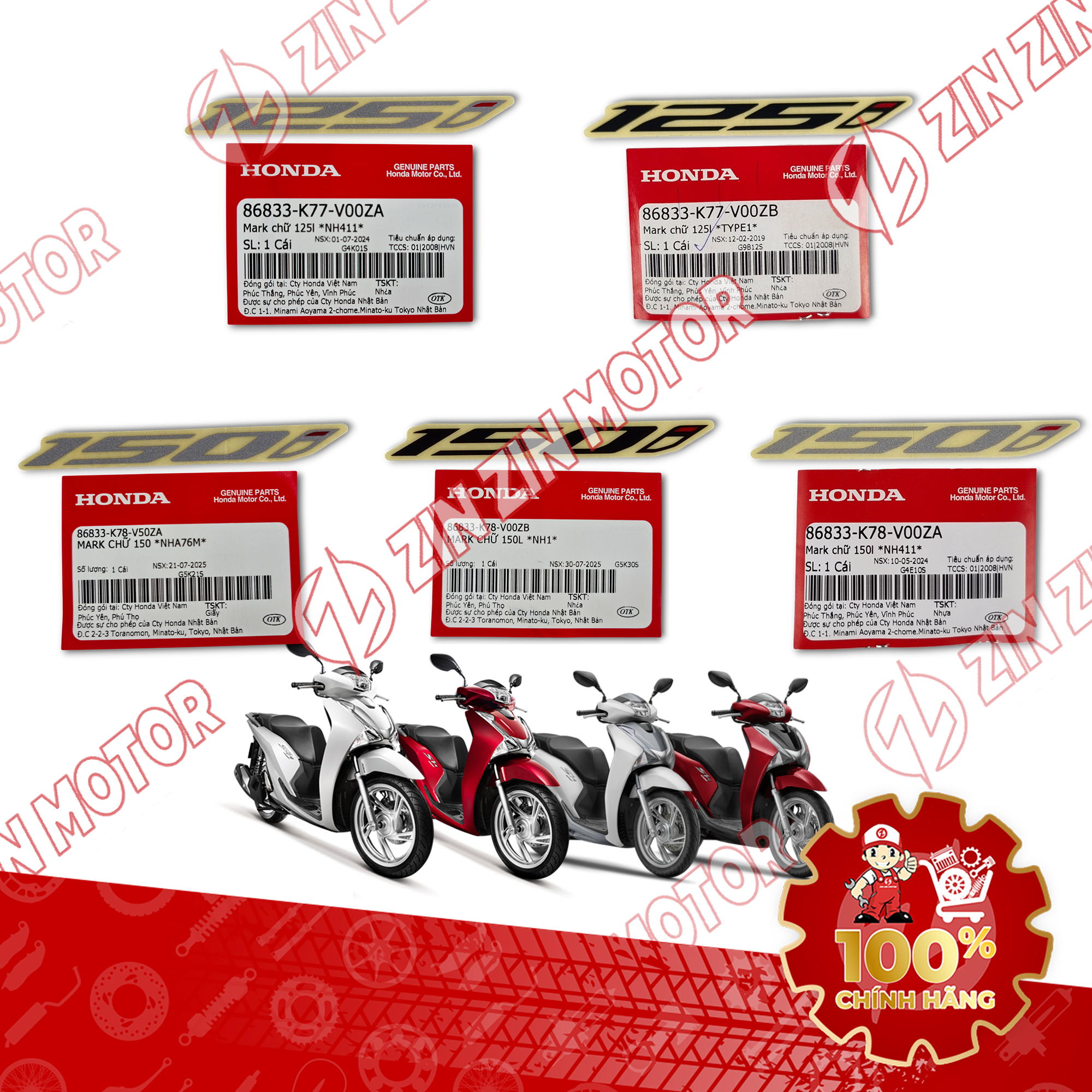 Tem Chữ 125i/150i Xe SH 125/150i 2017 2018 2019 86833-K77-V00ZA , 86833-K78-V00ZA , 86833-K77-V00ZB Chính Hãng - ZZM