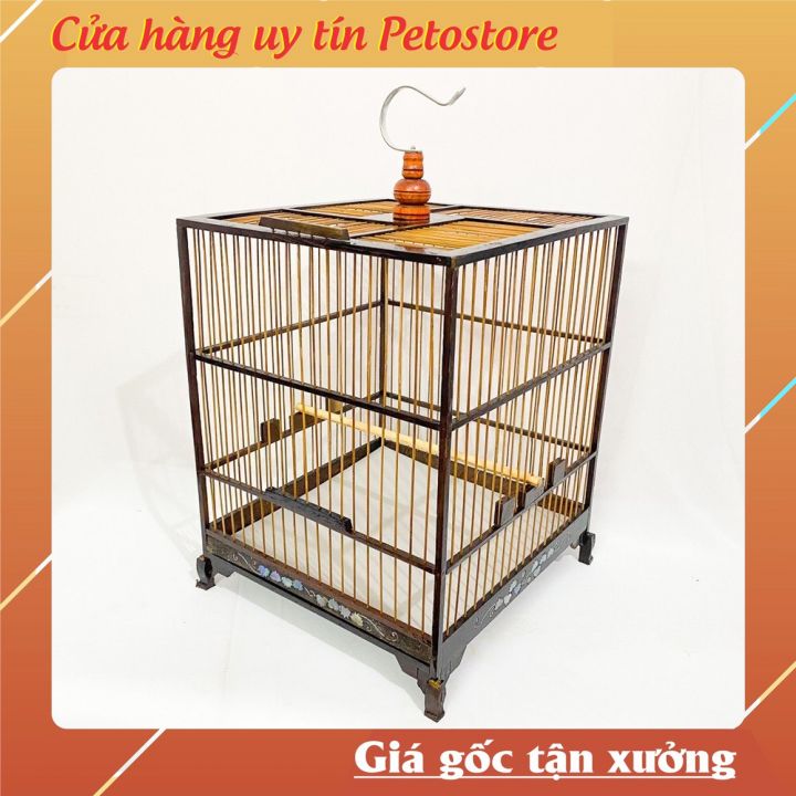 lồng chim lồng chào mào lồng vuông chào mào khảm trai khung gỗ nan trúc chắc chắn có móc + nậm