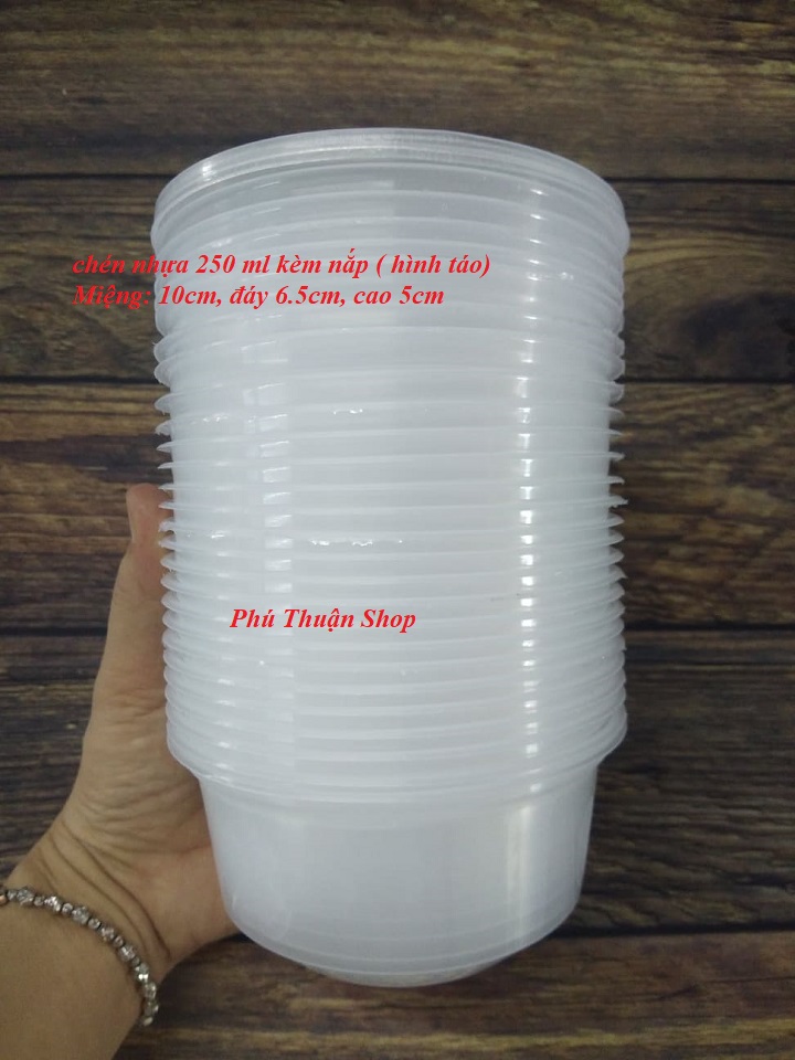 BỘ 20 CHÉN NHỰA TRONG 250 ML CÓ KÈM NẮP ĐẬY MIỆNG 10 CM ĐÁY 6.5CM, CAO 5CM