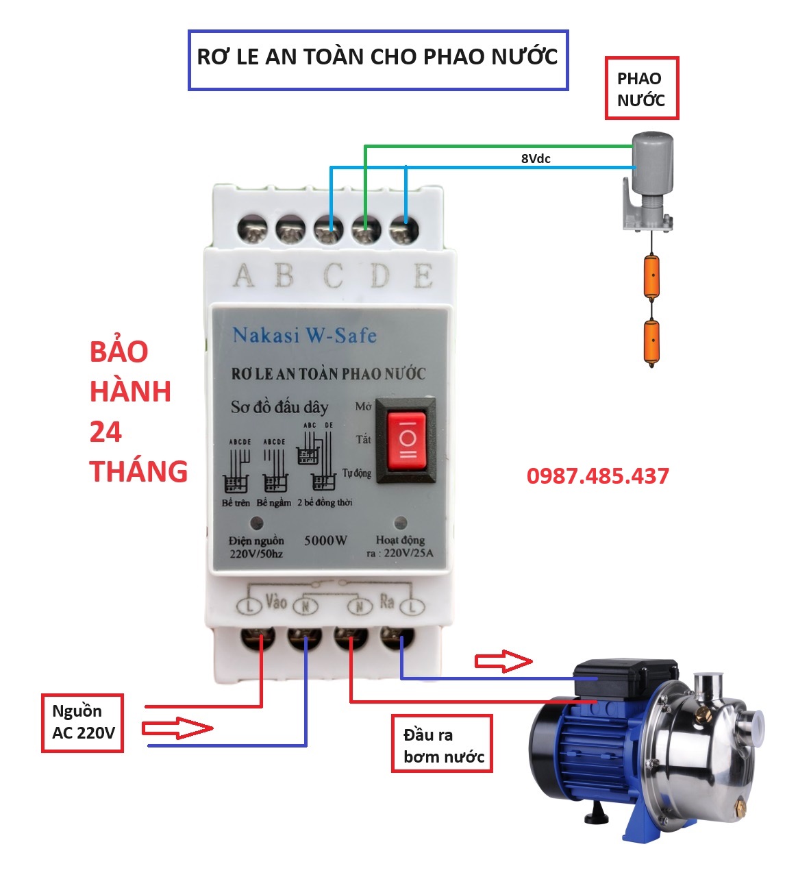 Rơ le an toàn cho phao điện máy bơm nước, chống giật điện rò điện téc nước Nakasi W-safe CHÍNH HÃNG