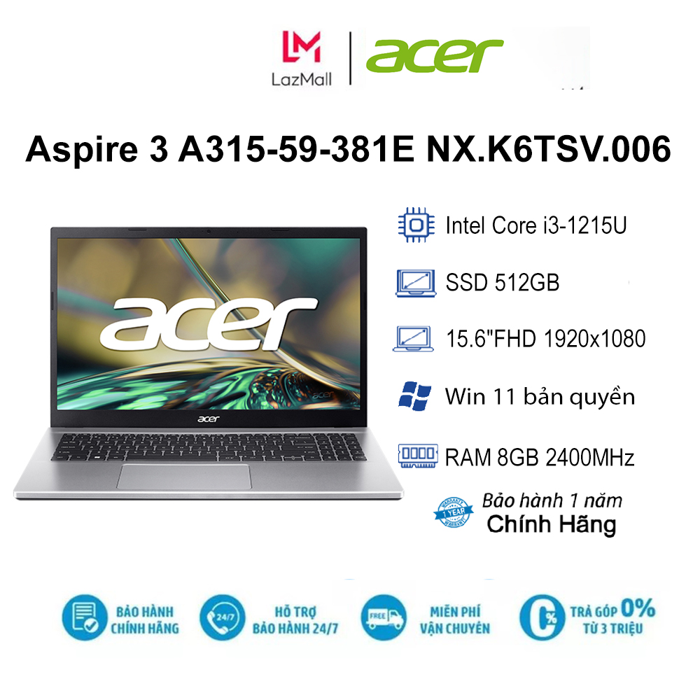 Laptop acer aspire 3 a315-59-381e nx.k6tsv.006 i3-1215u| 8gb| 512gb| ob| 15.6"fhd| win11