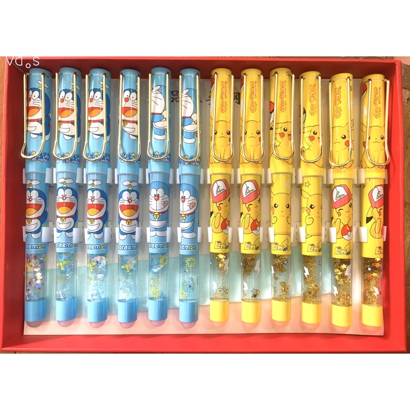 Bút máy tẩy xoá được nhũ Pokemon - Doraemon - ngòi lá tre nét nhỏ kèm 1 ống mực