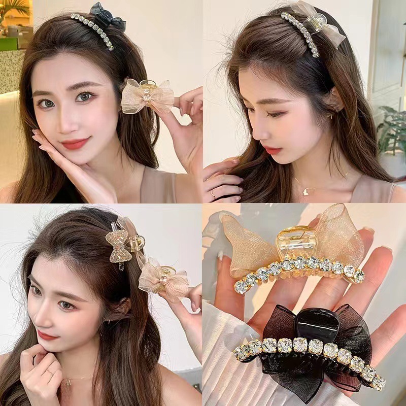 Kẹp tóc nơ nhỏ hai mặt đính đá ngọc trai nhân tạo, kẹp mái đính nơ phong cách thanh lịch