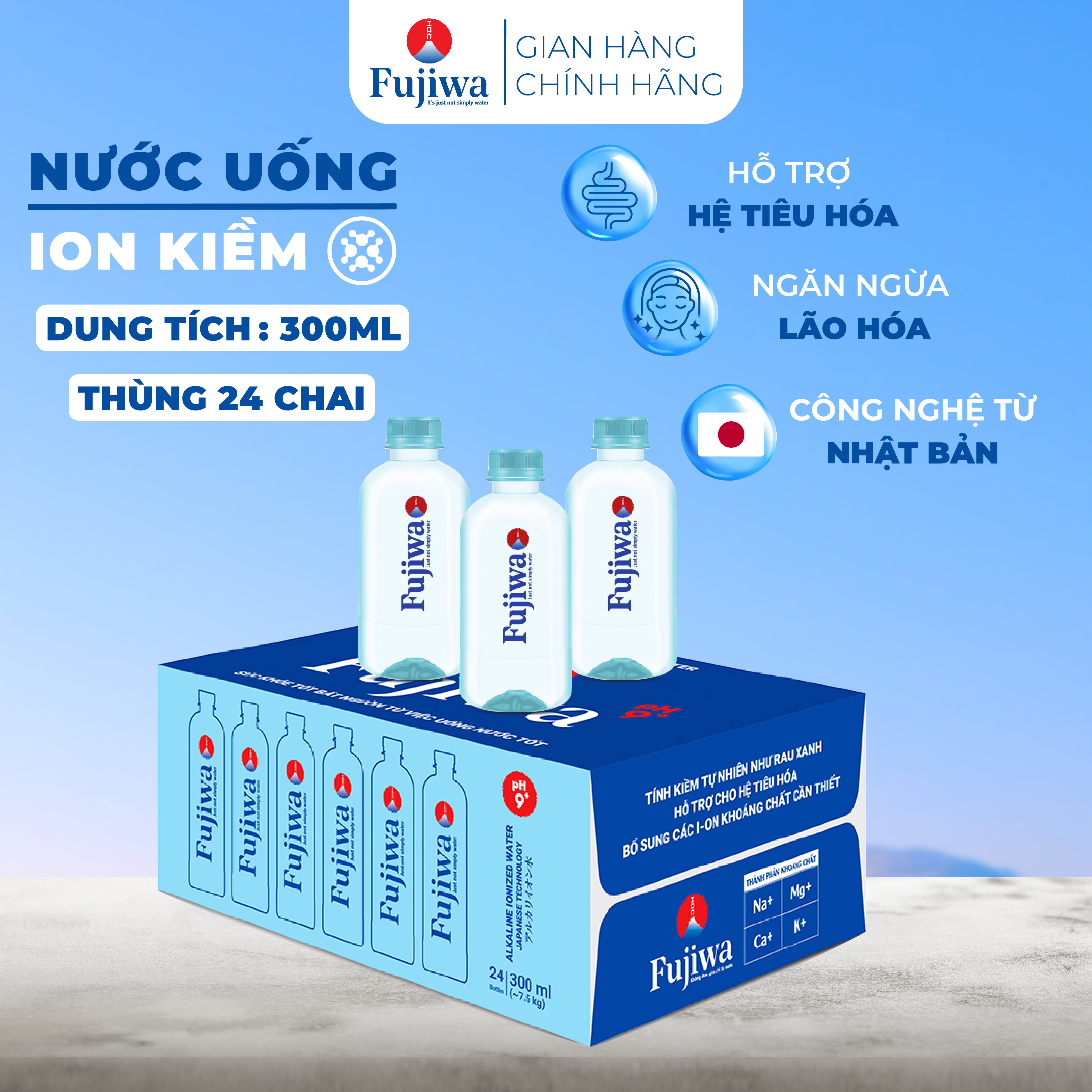 Nước ion kiềm đóng chai Fujiwa - thùng 24 chai 300ml hỗ trợ tiêu hóa, phục hồi giúp da trắng sáng