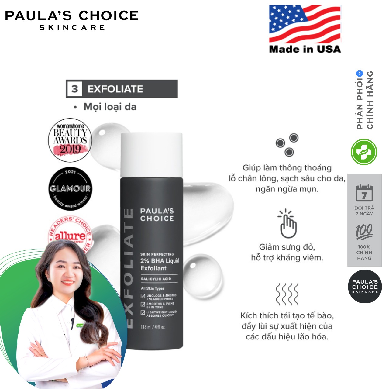 Tẩy tế bào chết paulas choice 2% bha-paula's choice skin perfecting 2% bha liquid 118ml