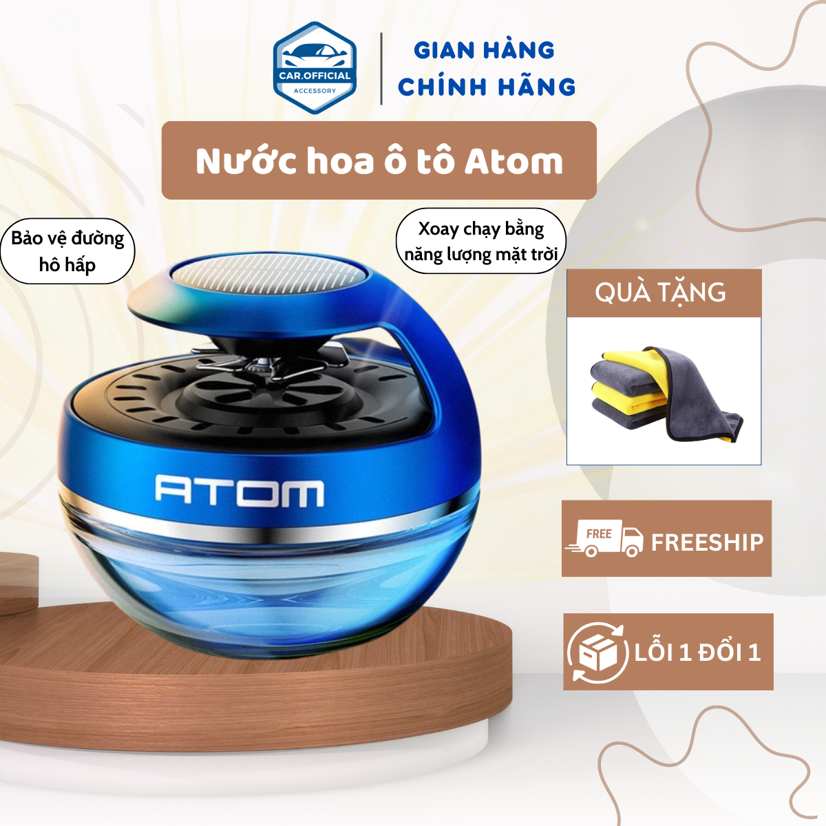 Nước hoa ô tô Atom CarOffcical khử mùi ô tô xe hơi xoay chạy bằng năng lượng mặt trời thiết bị lọc không khí