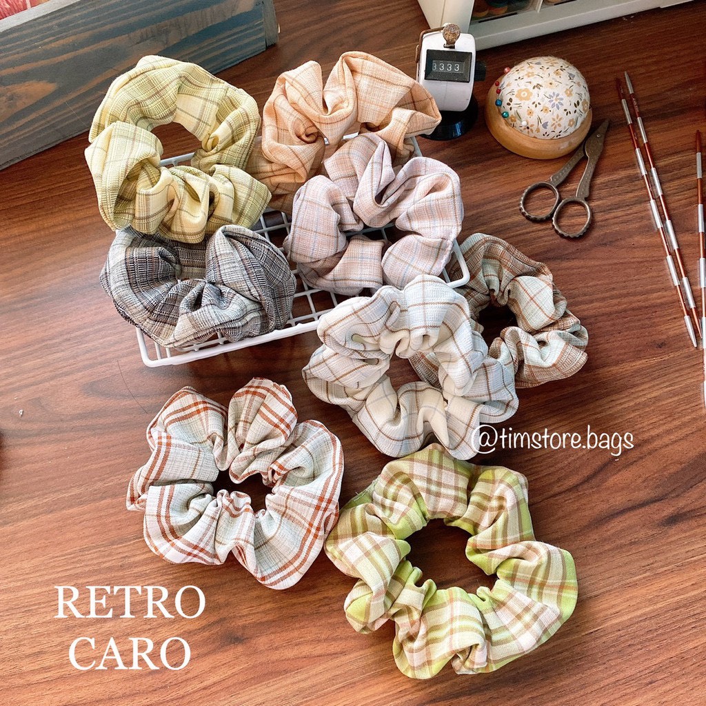 SCRUNCHIES CARO MÀU VINTAGE RETRO TRẦM CỔ ĐIỂN, VẢI DÀY SIÊU ĐẸP, ULLZANG, THỜI TRANG HOT TREND M2
