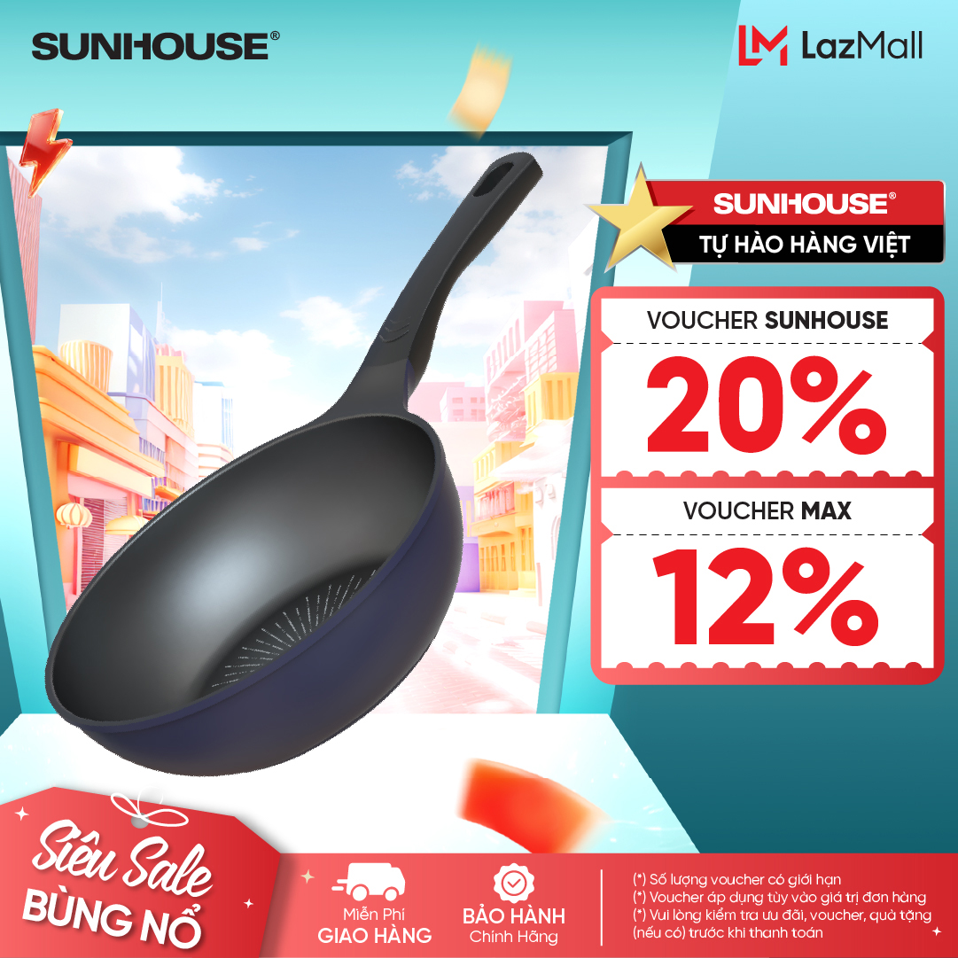 Chảo sâu chống dính siêu bền KHÔNG TỪ Sunhouse SBDS20-24-26-28B - Công nghệ nhôm đúc nguyên khối - Chống dính 2 lớp - Truyền nhiệt tốt