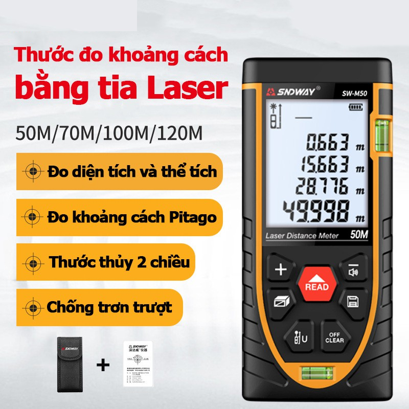Máy đo laser xây dựng,thước đo lazer đa năng,máy đo khoảng cách, ,Thước đo điện tử laser, thước lăn đo đường,Thước đo khoảng cách bằng tia laser SNDWAY SW-M100 cự ly 40m, 50m.70m,100m