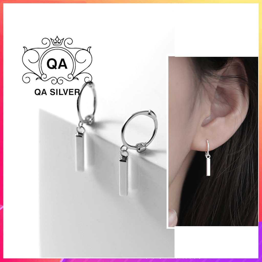 Khuyên tai bạc 925 tròn mặt thanh chữ nhật dài bông nữ s925 hoop qa silver earrings ea231202