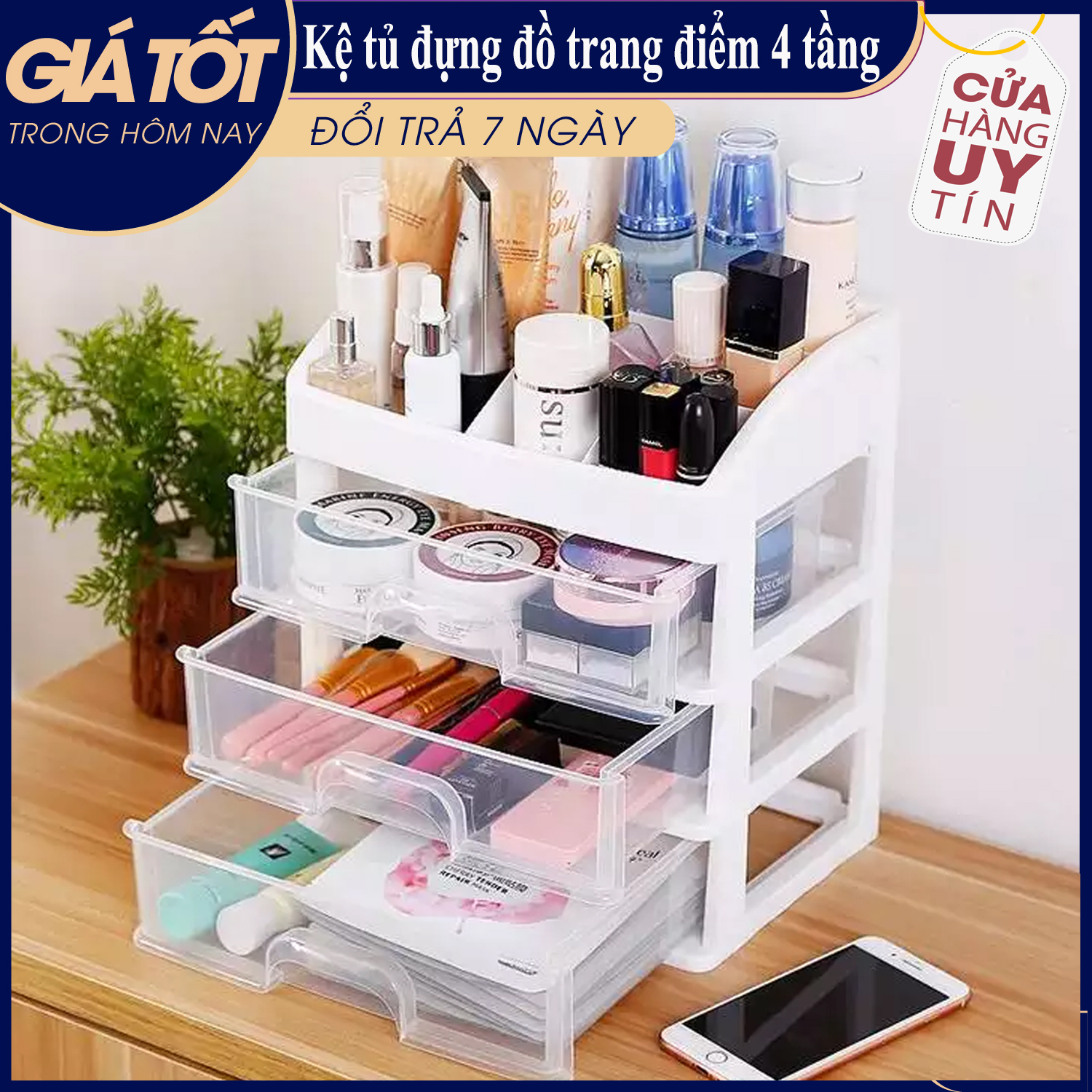 Kệ Mỹ Phẩm 4 Tầng Kiểu Dáng Sang Trọng Tiết Kiệm Không Gian BBQ Mart , giá để son tiện lợi - Kệ Đựng Mỹ Phẩm Đồ Trang Điểm Trang Sức 4 Tầng 3 Ngăn Kéo Tiện Dụng