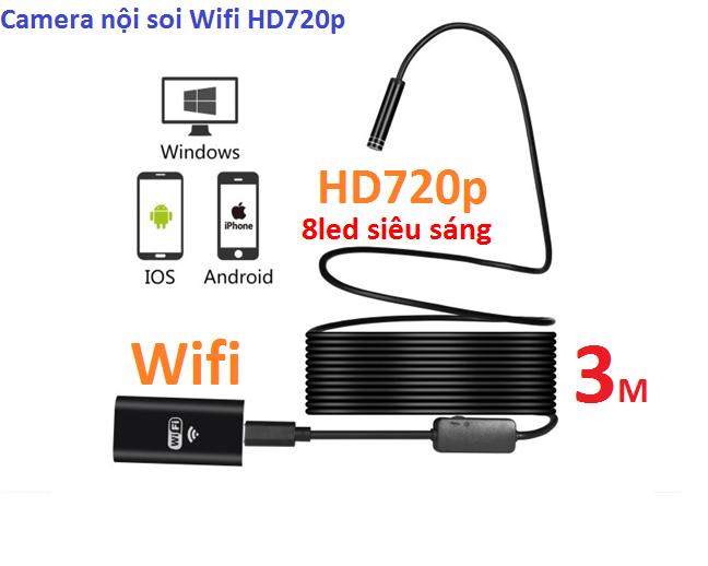 Camera nội soi phát Wifi độ nét cao chuẩn HD720p dây cáp cứng định hình dài 3 m (màu đen)