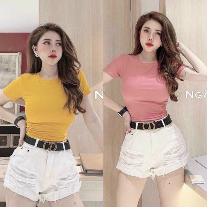 Áo thun trơn nữ cổ tròn ôm croptop hình thật