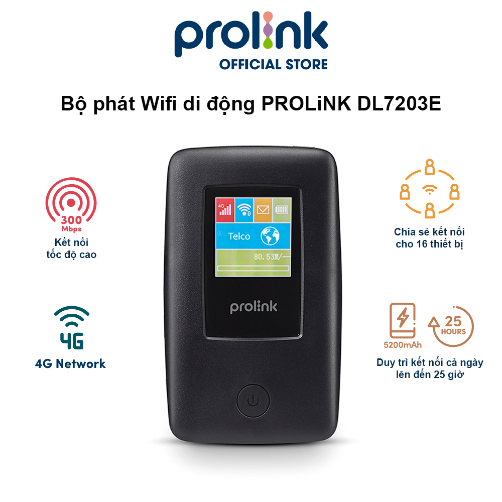 Bộ phát Wifi di động PROLiNK DL7203E dùng SIM 4G LTE 150Mbps, pin 5200mAH lên tới 25h, TFT 1.44", cổng RJ45, USB 2.0