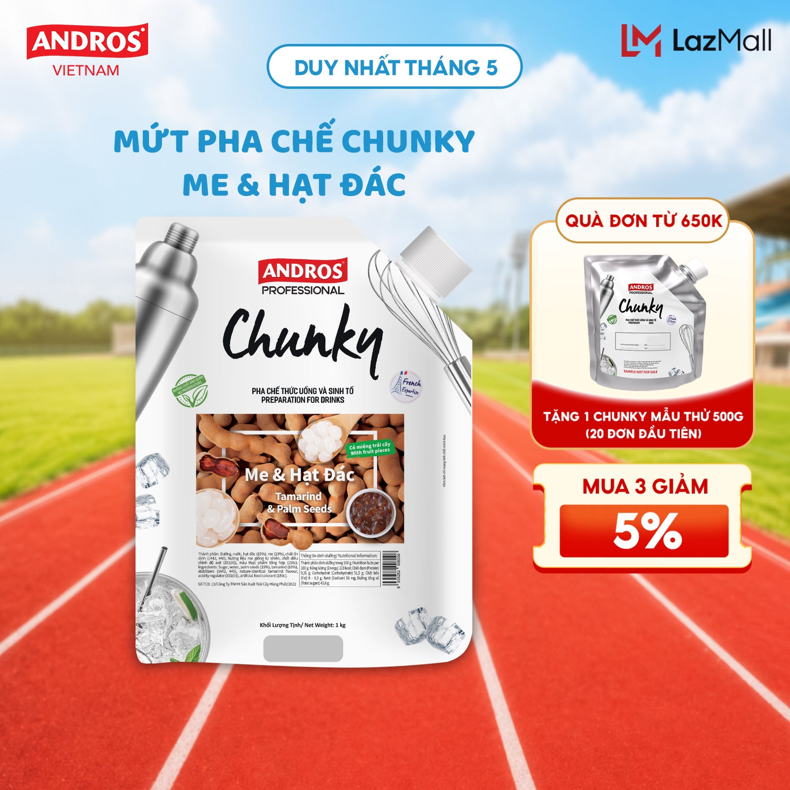 Mứt Pha Chế Me & Hạt Đác - Có Miếng Trái Cây Thật - Nguyên liệu pha chế -  ANDROS CHUNKY - 1KG