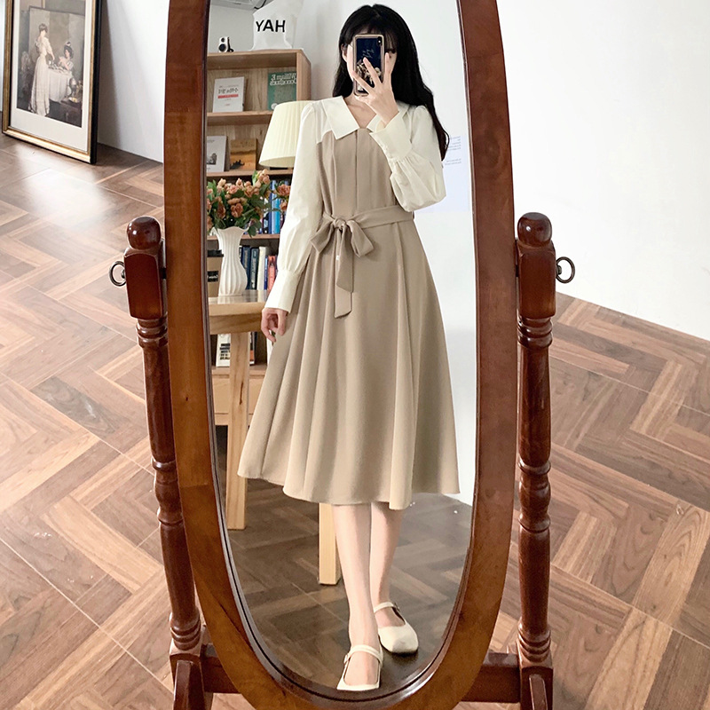Đầm công sở dáng dài cổ bẻ thắt dây eo - váy sơ mi dài tay dáng suông cực xinh