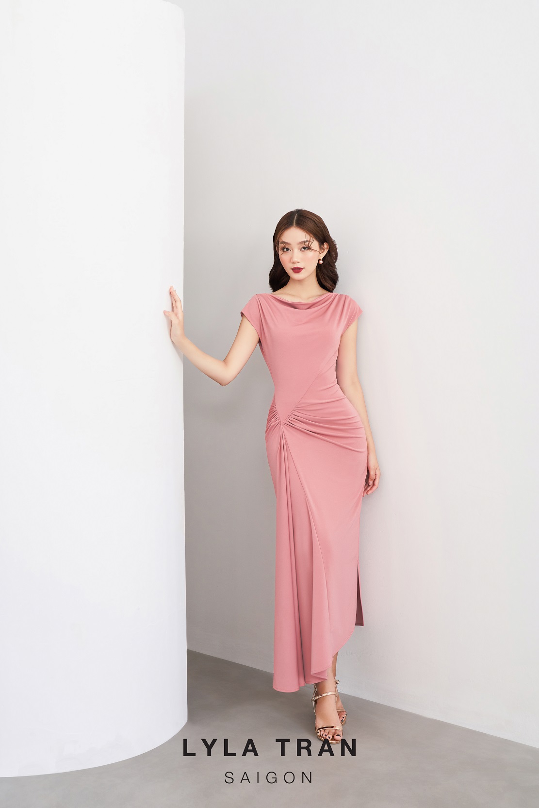 Đầm tay chồm dáng dài đi tiệc sang trọng xanh/hồng