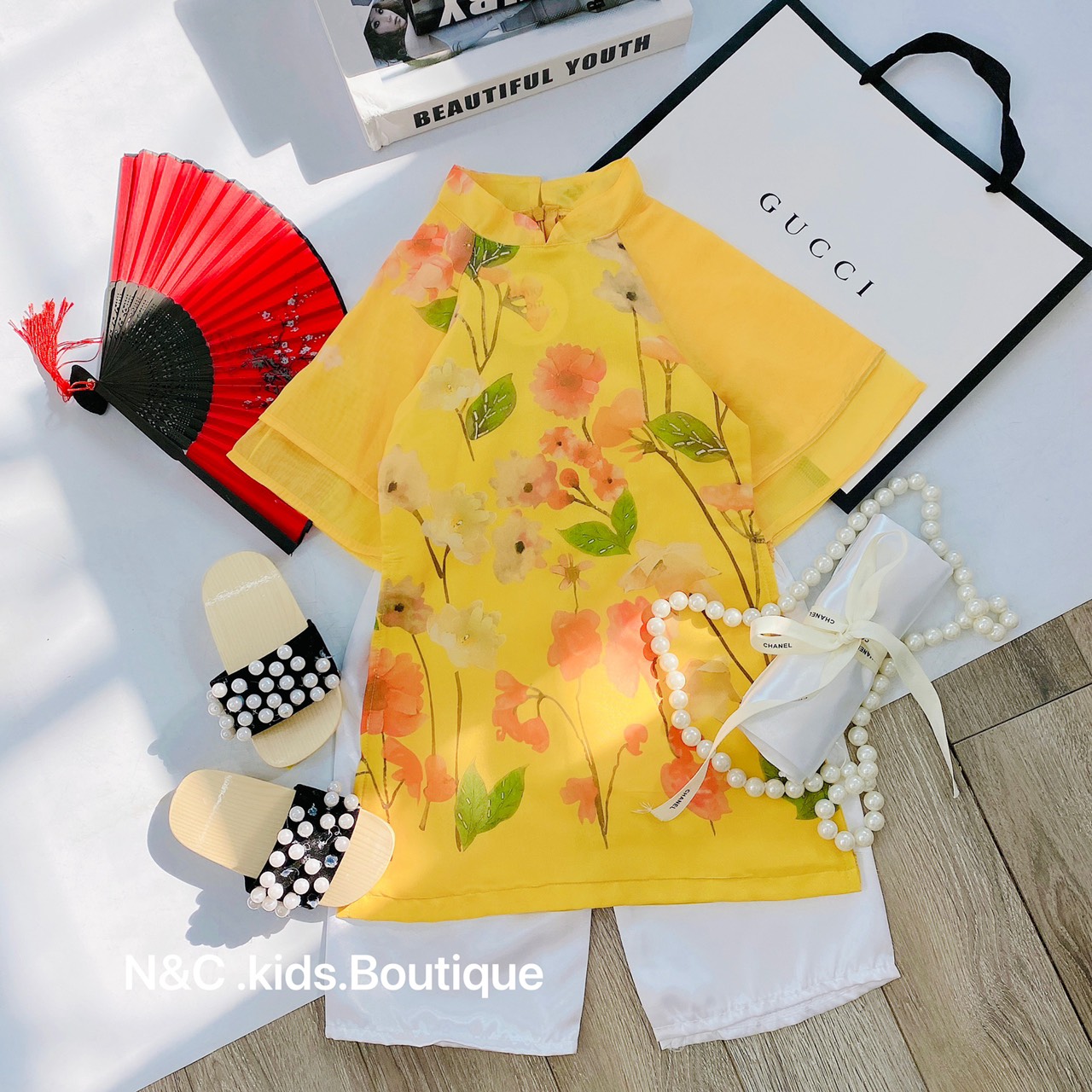 Áo dài bé gái,Áo dài lụa satin,mềm mịn hoa tiết 3d hoa lá xinh xắn