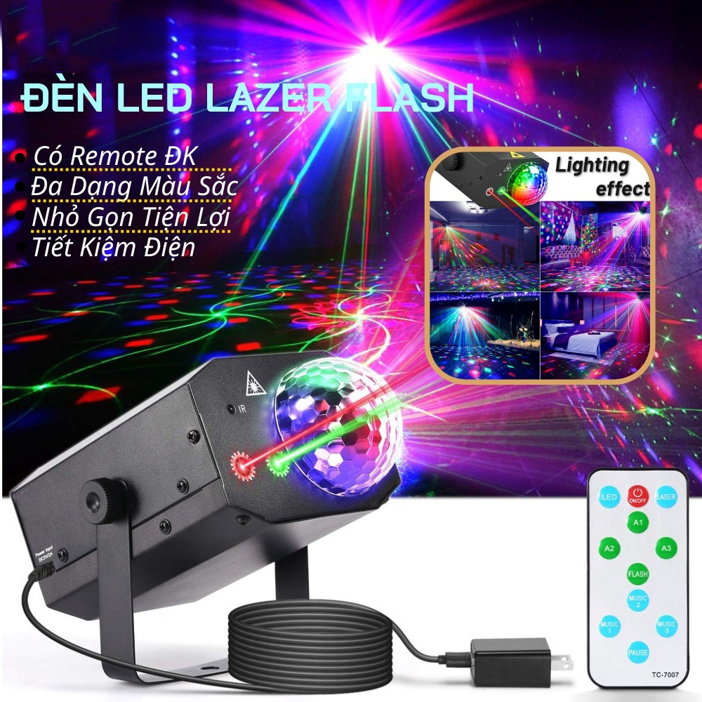 Đèn LED nháy theo nhạc kết hợp laser flash có điều khiển đèn phòng bay chiếu ánh sáng laser