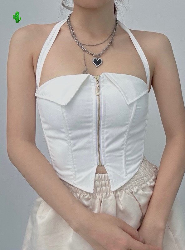 Áo yếm nữ vạt nhôn dây kéo trước vải thun borip co giãn ôm body croptop LL