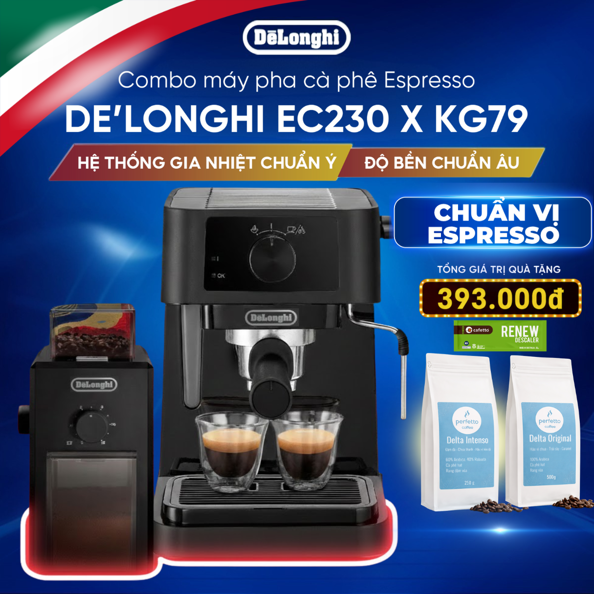 COMBO Máy pha cà phê DeLonghi EC230.BK và Máy xay cà phê DeLonghi KG79 | Dùng cho gia đình I Hàng Chính Hãng