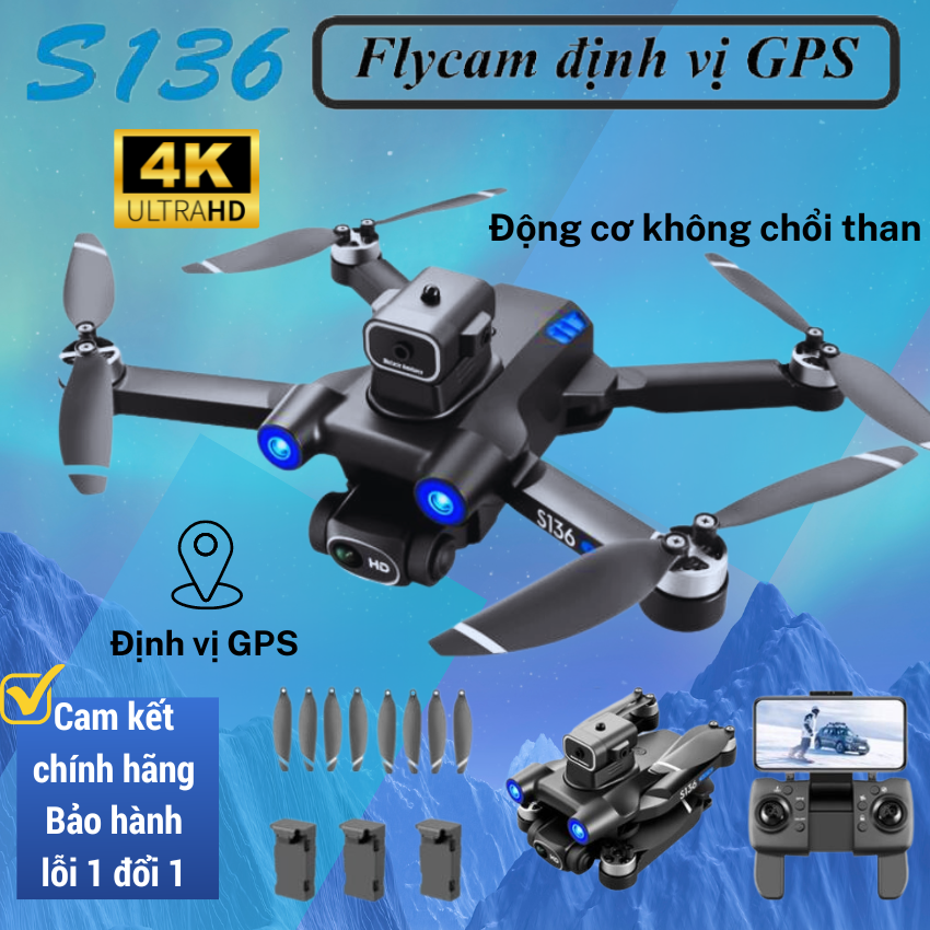 [ Bảo Hành 2 Năm ] Máy bay điều khiển từ xa, Flycam mini drone 4K, Playcam S136, Fly cam trang bị cảm bị định vị GPS, động cơ không chổi than, cảm biến chống va chạm