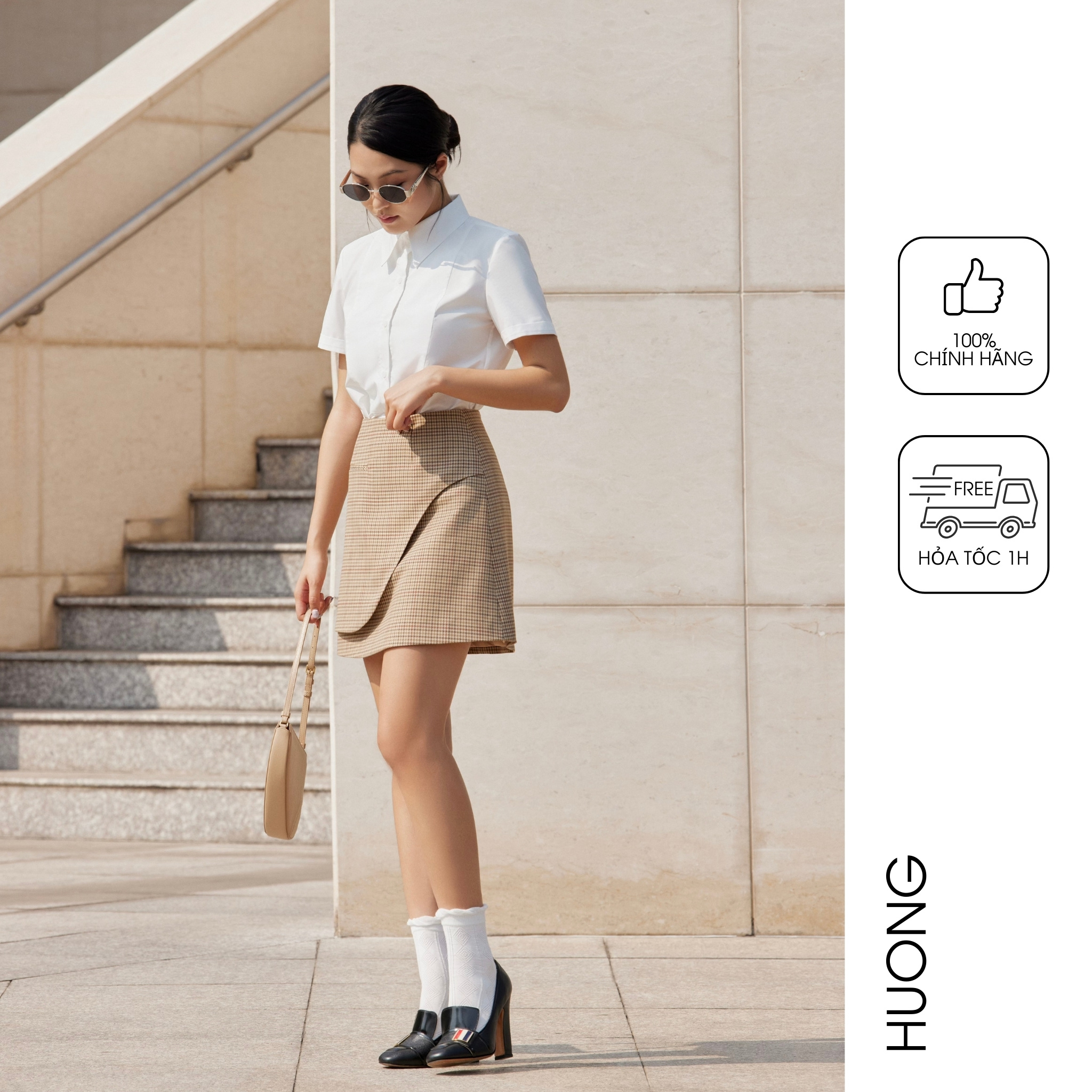  Chân váy kẻ nâu vạt xéo HUONG BOUTIQUE BSZ23 