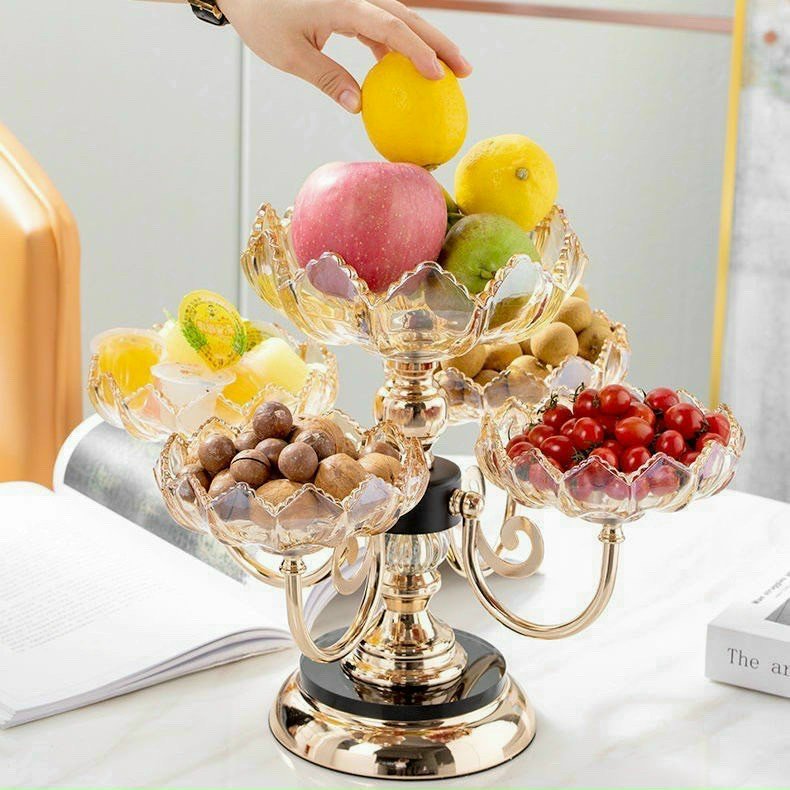 Khay để bánh kẹo, mứt tết, ô mai, các loại hạt đặt bàn mỗi dịp tết đến xuân về 5 ngăn đựng bằng nhựa meca trong suốt điêu khắc tinh xảo hình bông hoa sen - Tháp đựng hoa quả kiểu tân cổ điển độc đáo