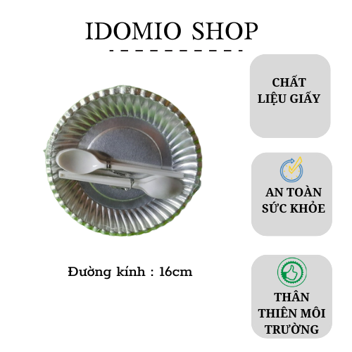Combo 100 đĩa giấy mpet bạc 16cm - kèm muỗng