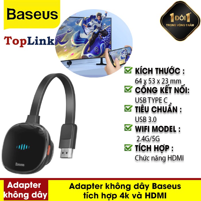 Adapter không dây baseus meteorite shimmer wireless display adapter kết nối 4k hdmi cho tv, máy tính, màn hình ô tô