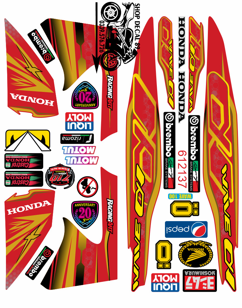 Tem Rời WAVE ALPHA 100cc - 50cc ĐỎ GẠCH VÀNG ĐỒNG Chữ X MS 612137 - Tem Chế 3 Lớp Cao Cấp