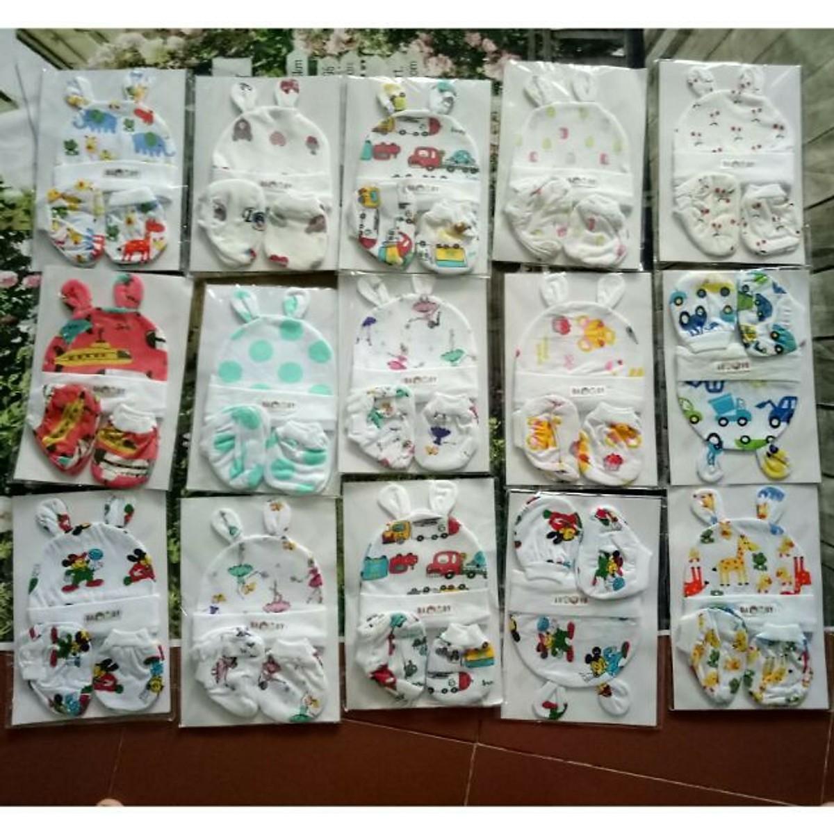 Set nón và bao tay chân bé gái dưới 5 tháng họa tiết cùng màu