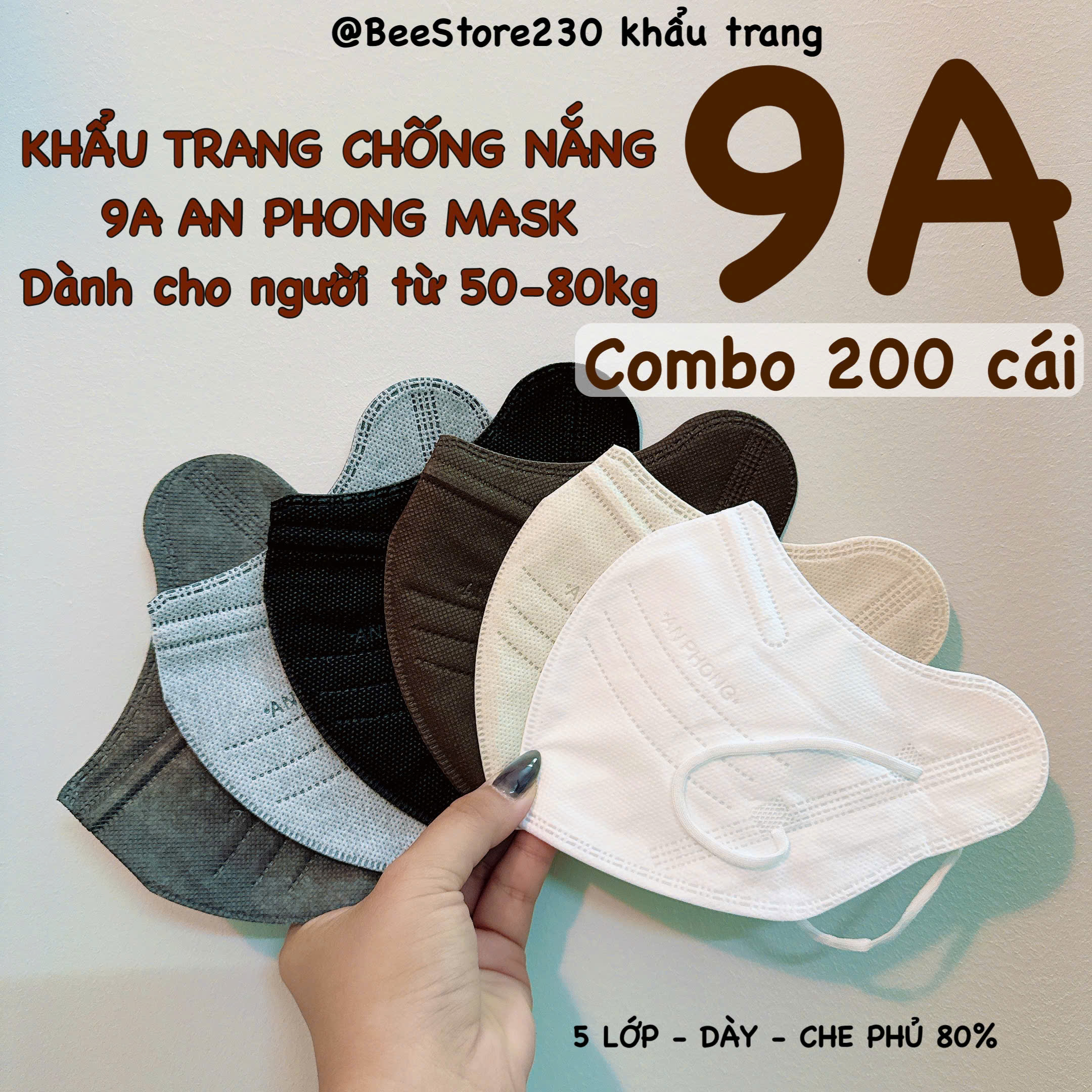   che nắng toàn phần 50-90kg  Combo 200 cái = 20 bịch Khẩu Trang 9A hiệu AN PHONG MASK màu hottrend 5 lớp 