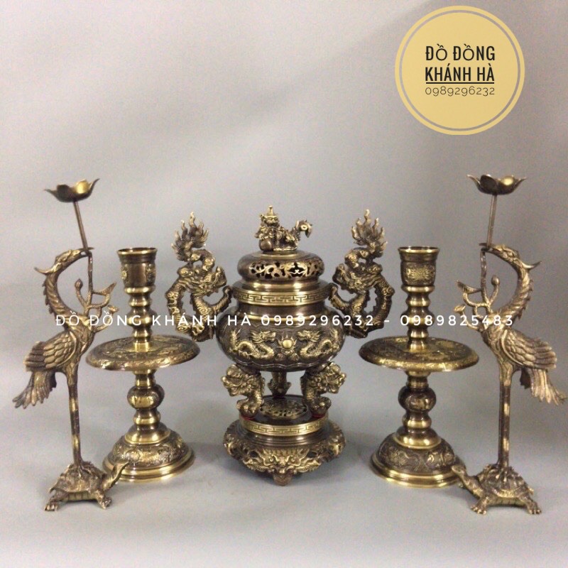 Bộ đỉnh lư thờ bằng đồng hun màu giả cổ cao 33cm