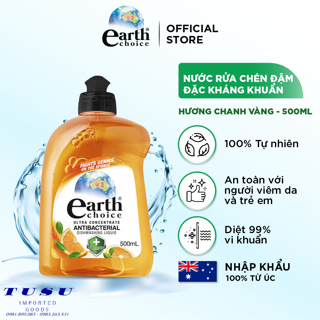 Nước Rửa Chén Đậm Đặc Kháng Khuẩn EARTH CHOICE Lấy Đi Các Vệt Dầu Mỡ Trên Bát Đĩa Chống Lại Vi Trùng Dung Tích 500ml