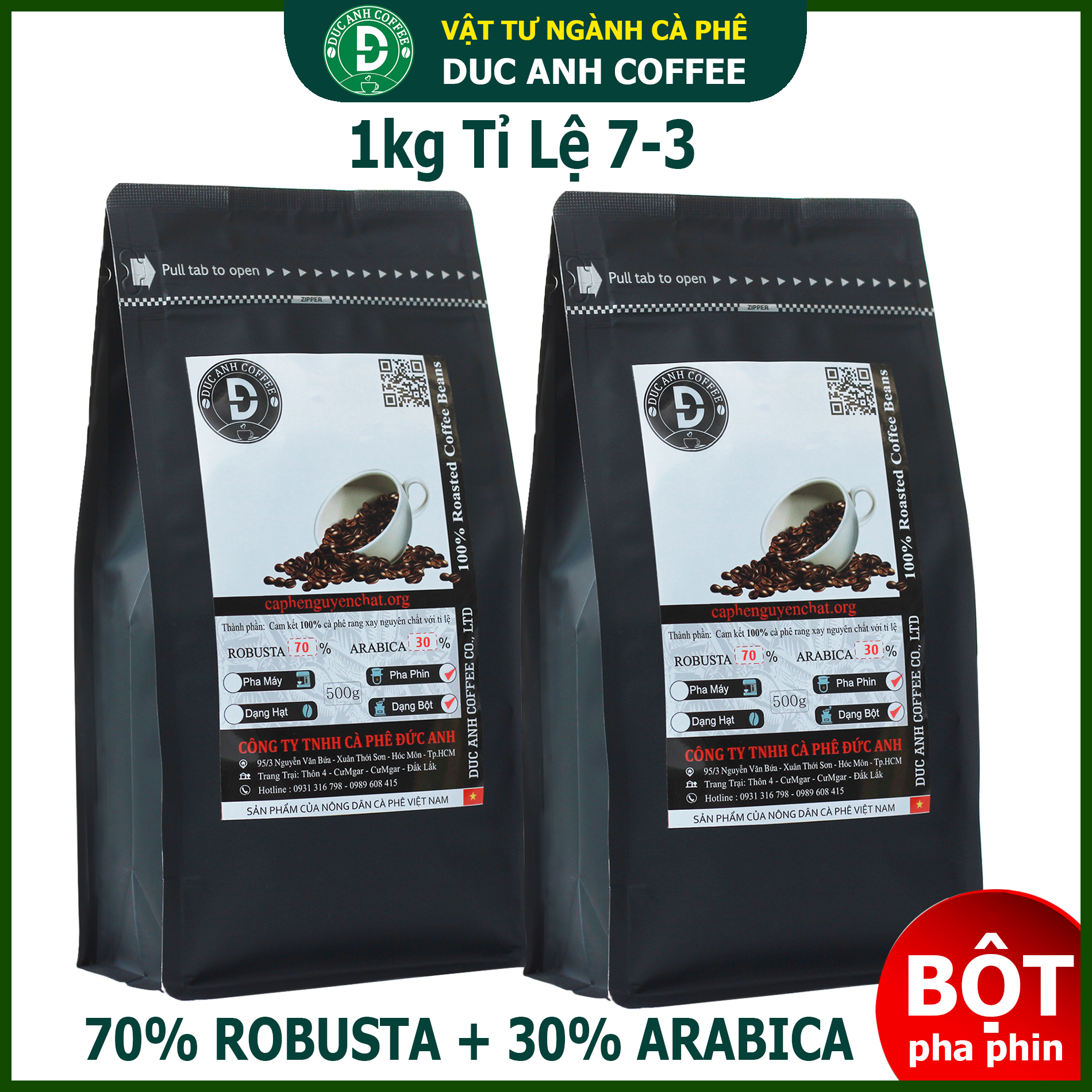 1kg cà phê tỉ lệ 7-3 Bột pha phin (70% robusta + 30%arabica) rang mộc nguyên chất DUC ANH COFFEE - thượng hạng thơm đậm đắng chua nhẹ - bán hàng trực tiếp - cafe đức anh - cafe pha phin