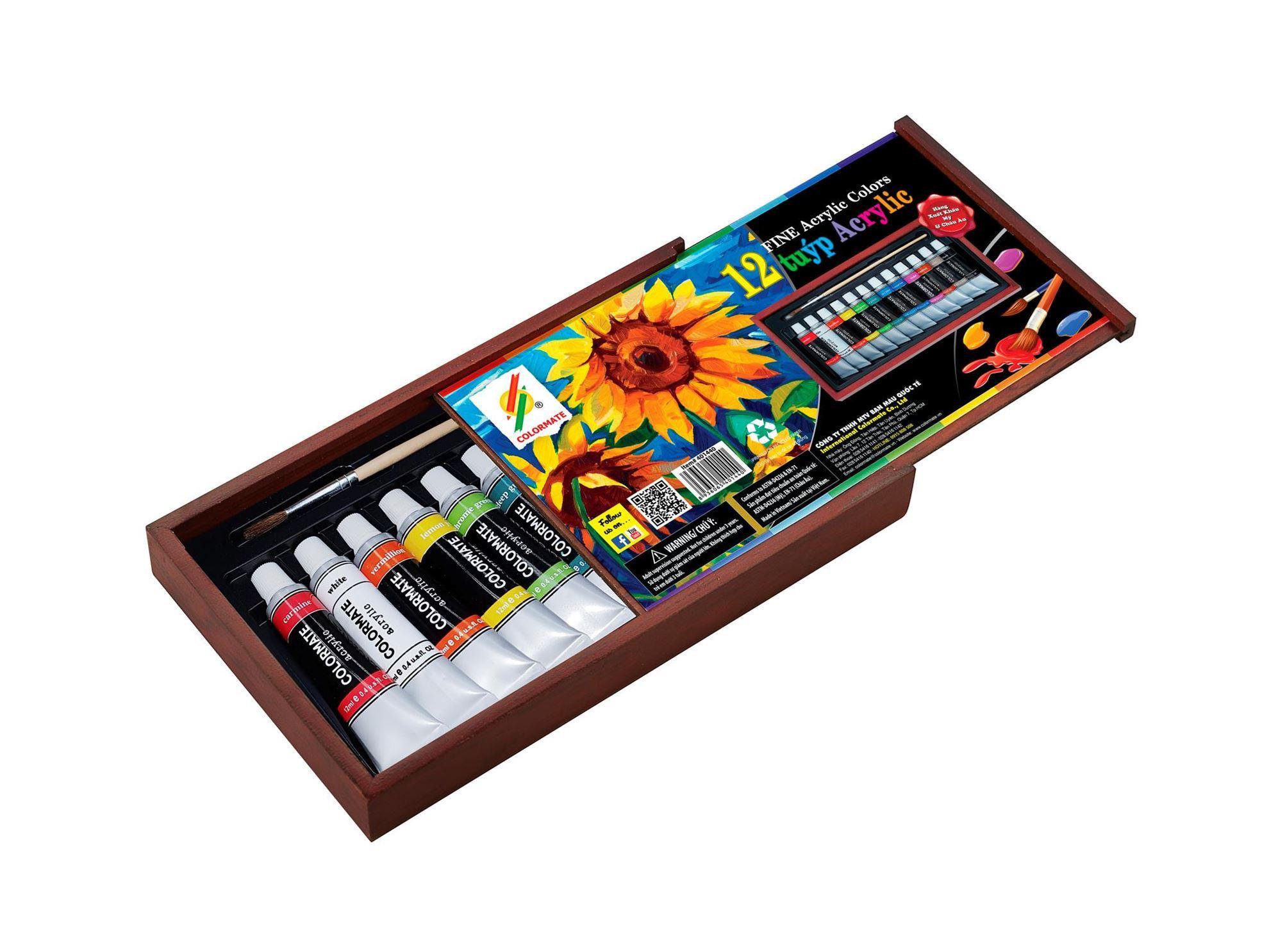 Hộp gỗ 12 tuýp màu vẽ Acrylic Colormate