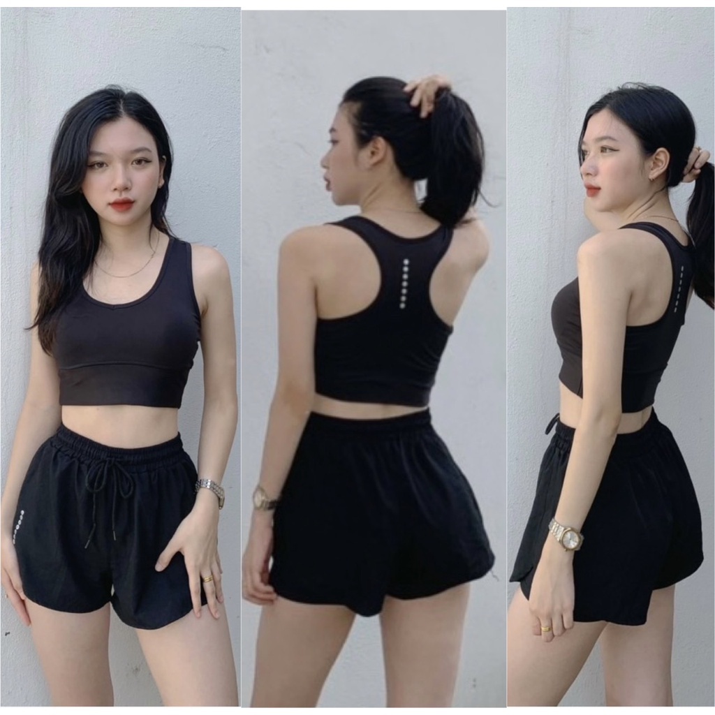 Bộ bra tập gym yoga earobic cổ tim bo xiết eo kết hợp quần đùi 2 lớp cho nữ EoSport - Đồ tập gym yog