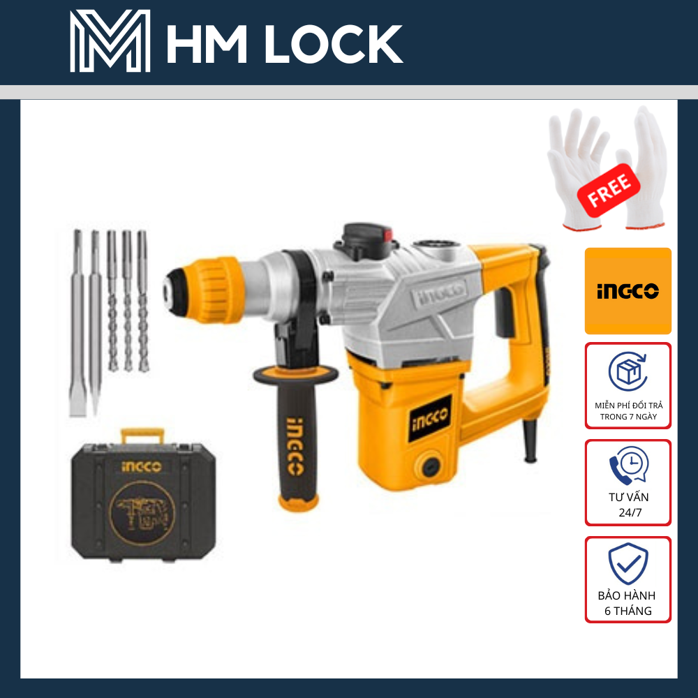 40mm máy khoan đục bê tông 1050w ingco - tặng 3 mũi khoan + 2 mũi đục - hàng chính hãng - rh10508 - hm lock