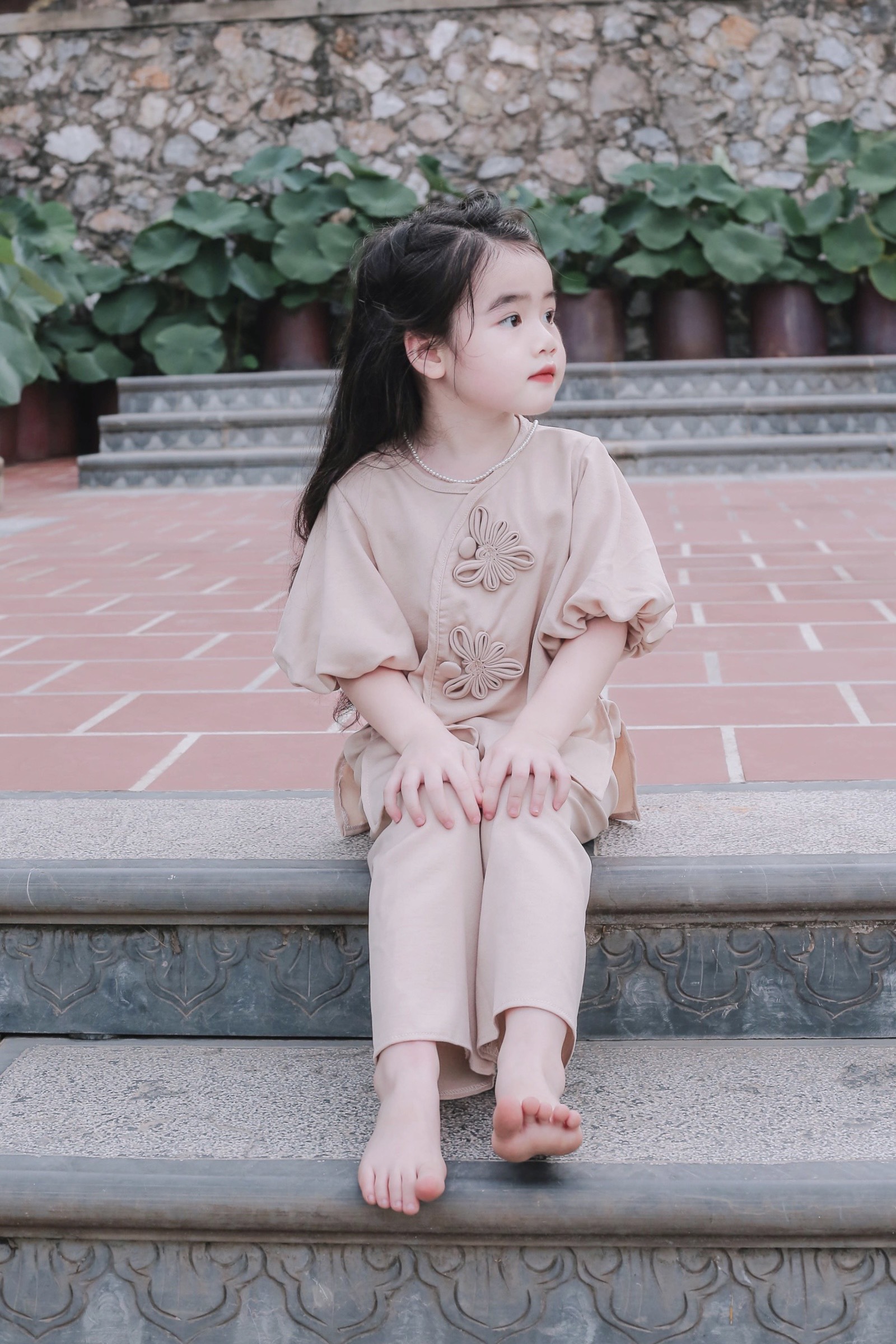 Đồ lam đi chùa cặp mẹ & bé đính nút hoa tay bồng chất lụa cát nhng mềm đẹp d18