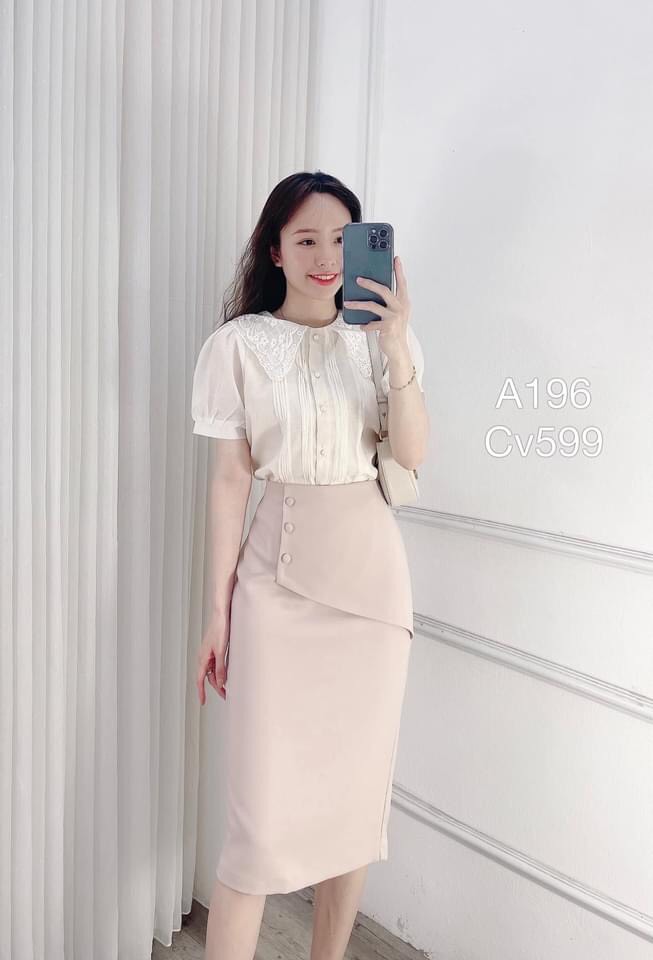 Chân Váy Bút Chì Dáng Dài Chân Váy Bút Chì Công Sở Cách Điệu có vạt che bụng 3 cúc ốp Dài 68cm