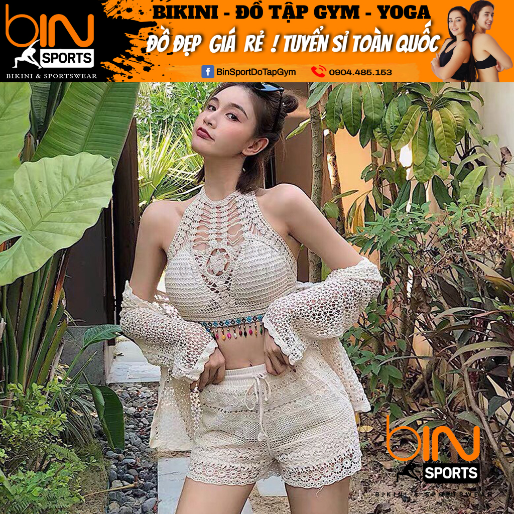 Đồ bơi nữ sét bikini len móc đi biển 3 chi tiết bin sports bhn017