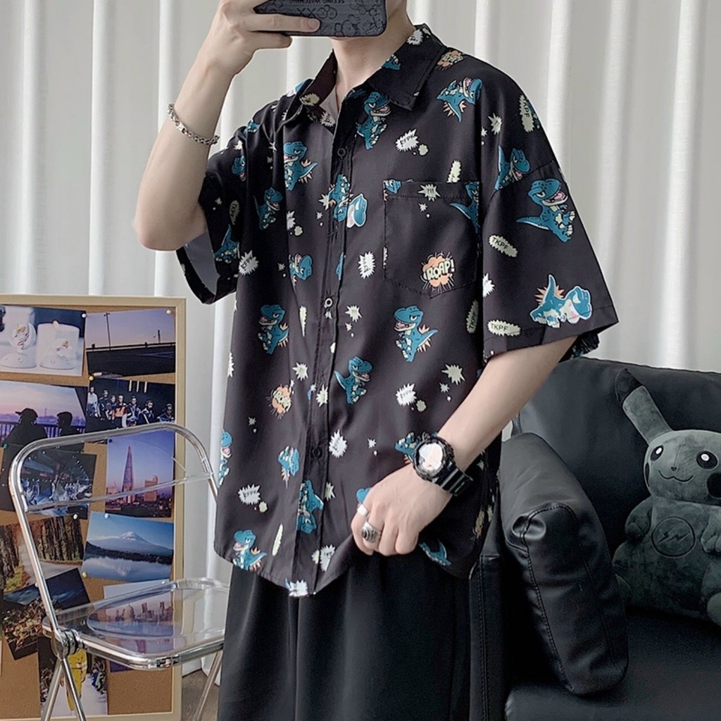 ✗■  Áo sơ mi nam nữ cặp đôi ngắn tay họa tiết con khủng long cực dễ thương