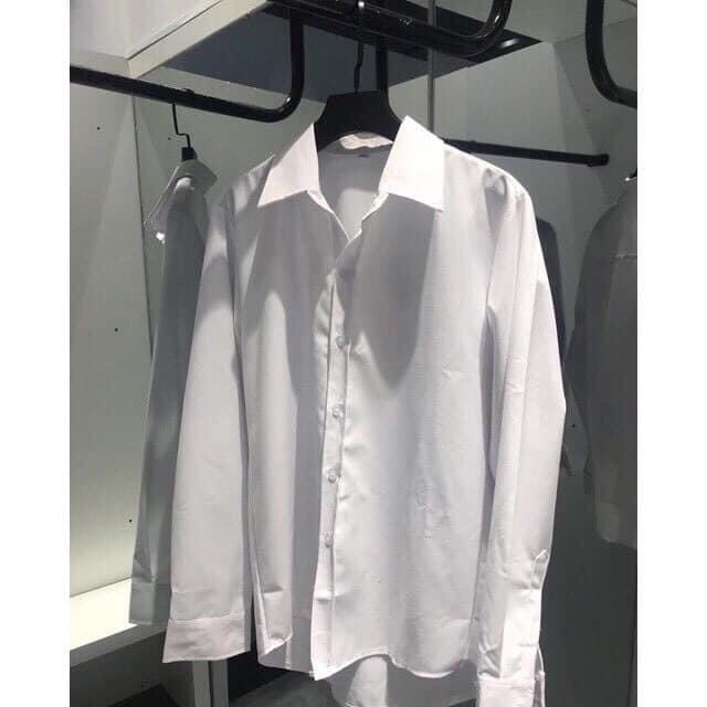 Áo sơ mi nam đồng phục học sinh form rộng dài tay cổ bẻ màu trắng trơn n7clothing